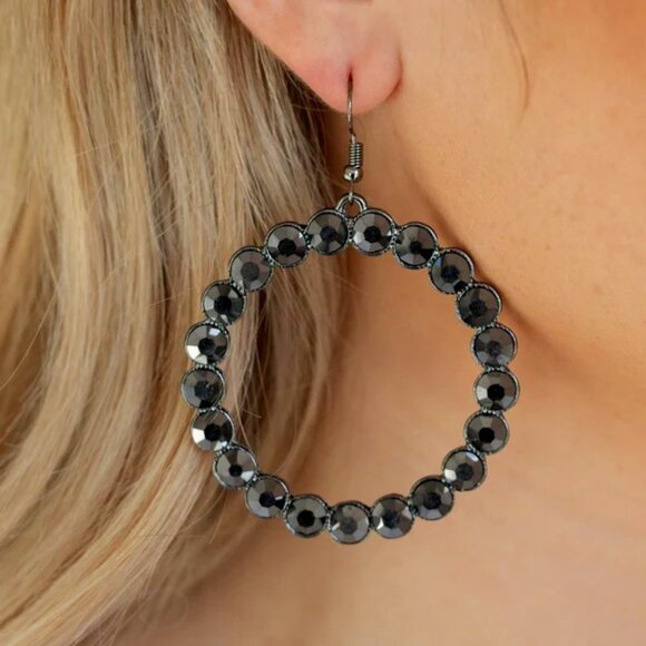 Gunmetal Hematite Rhinestone Hoop Earrings | Edgy Glam Statement - Picture 2 of 4
